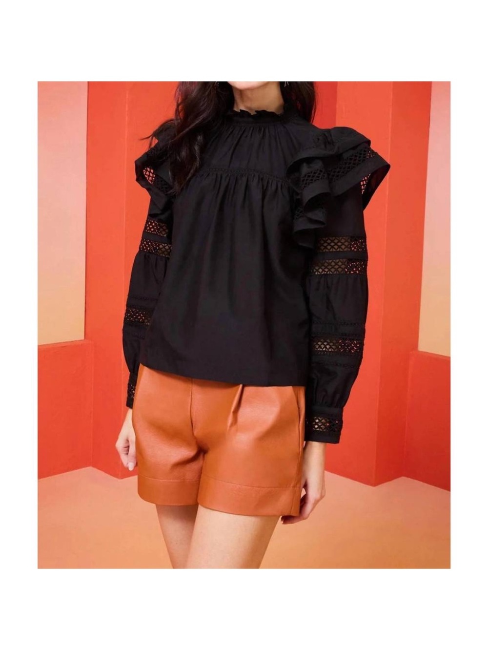Marie Oliver Que Black Ruffle Crochet-Trim Cotton Silk Blouse Size Small